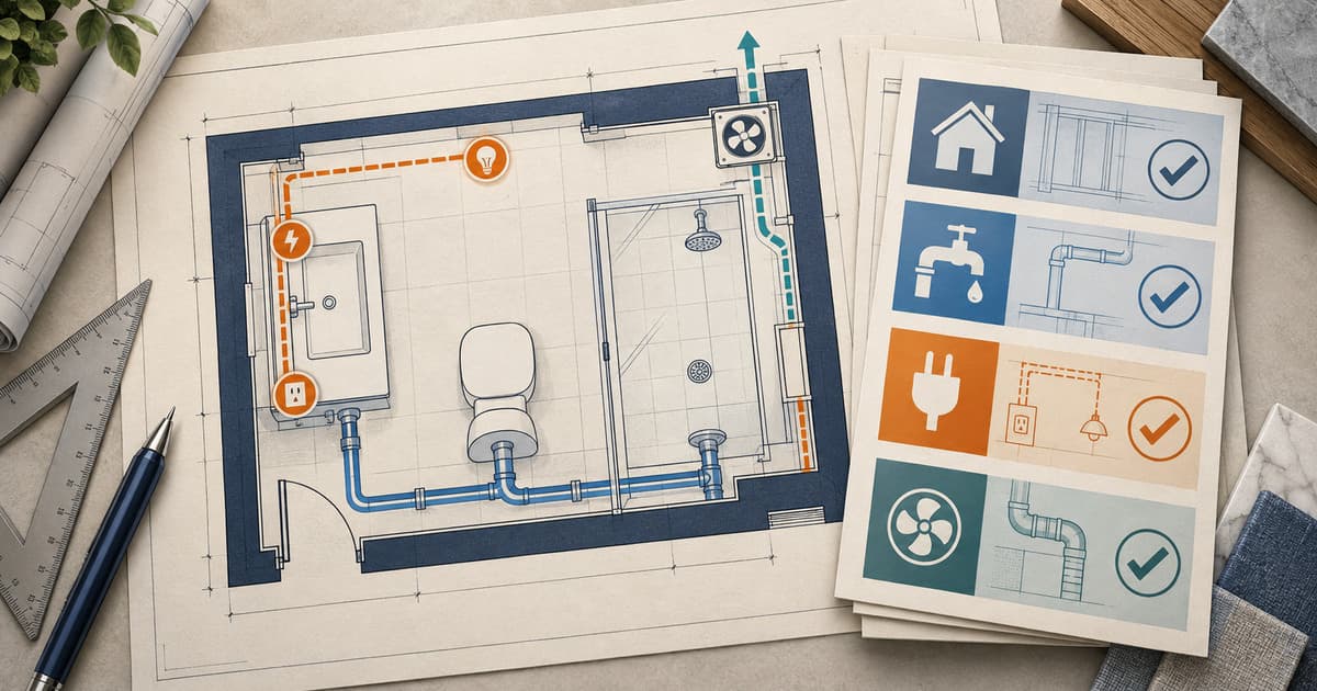 Top-down bathroom remodel plan showing plumbing, electrical, ventilation, wall, and permit-review layers