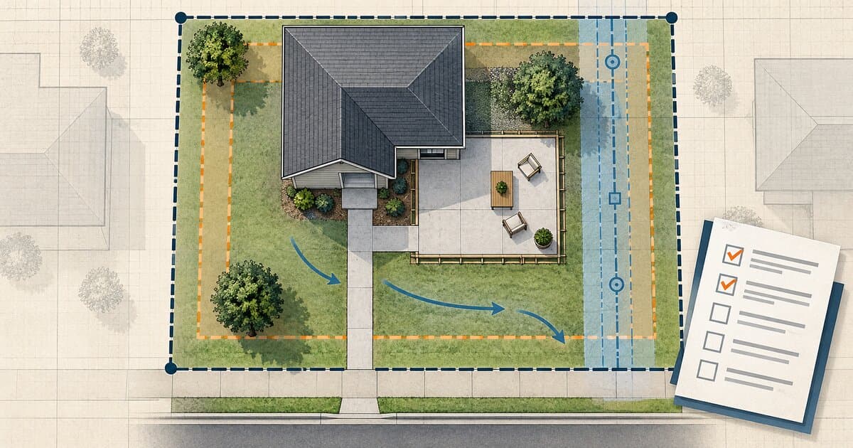 Top-down residential site plan showing a concrete patio and walkway with parcel boundary, setback band, drainage arrows, easement corridor, and permit checklist