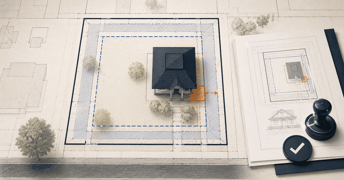 Residential parcel plan showing one requested zoning relief area at a setback line beside a reviewed application set