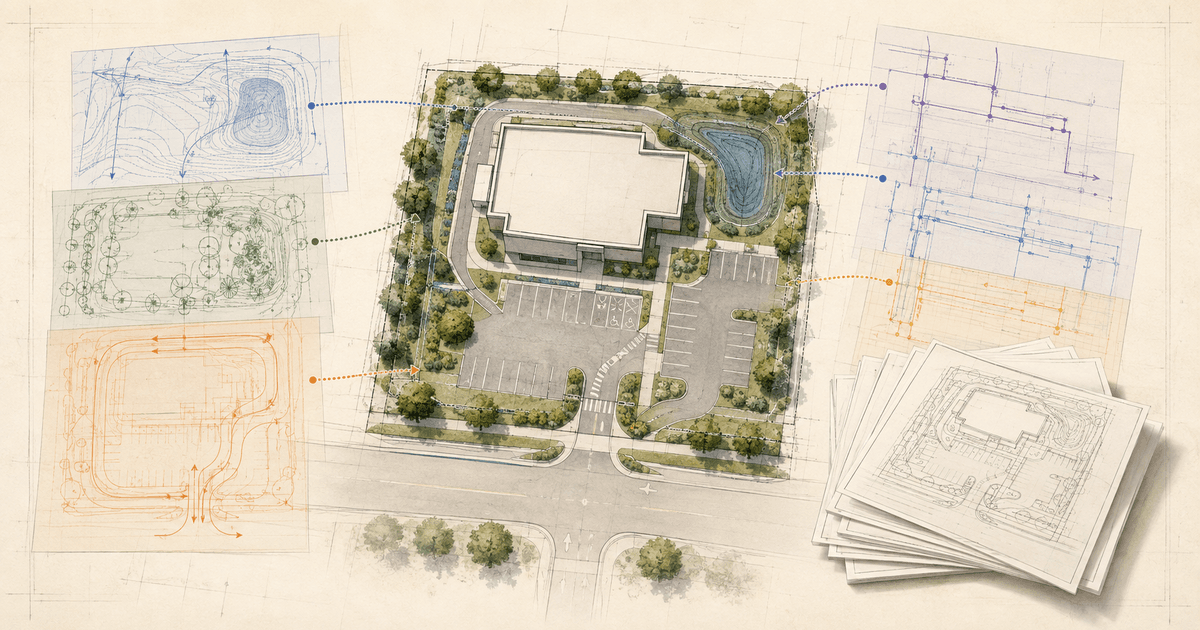 Coordinated development site plan showing a building, parking, landscaping, drainage, utilities, access, and review overlays