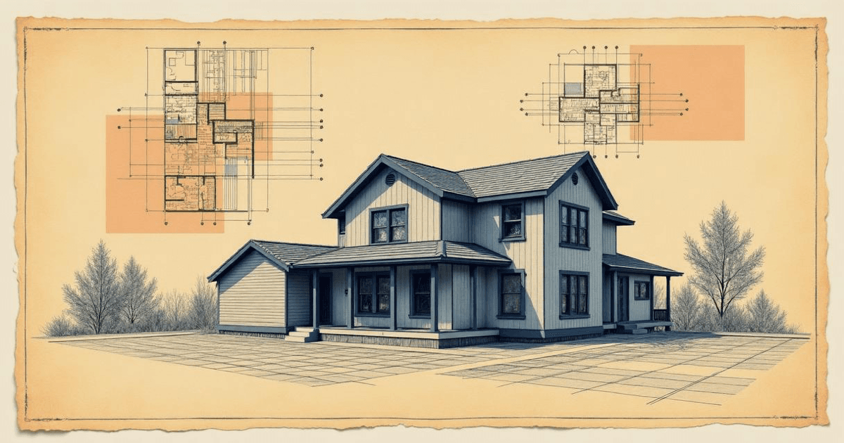 Completed two-storey house drawn on drafting paper beside approved floor-plan overlays and a drafted site grid