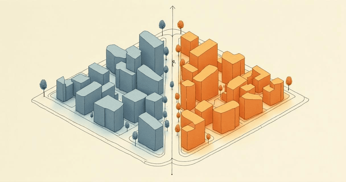 Axonometric city block drawn in two halves, each tinted a different zoning-district colour and separated by a district boundary running through the block