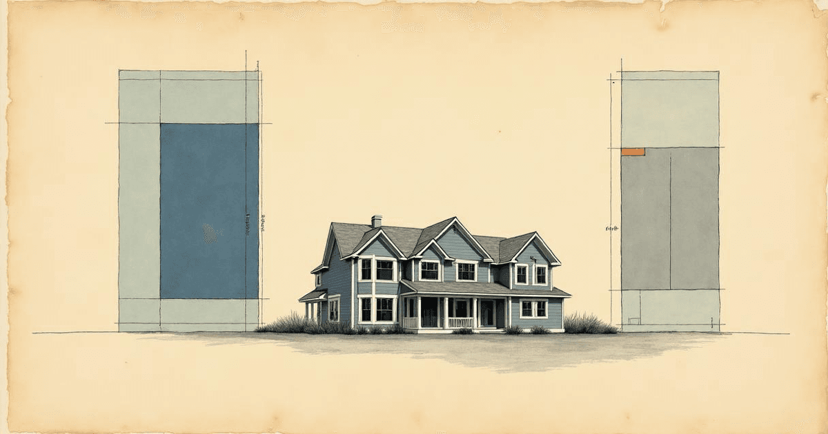 Architectural rendering of a house on drafting paper flanked by two review panels representing land-use and construction questions