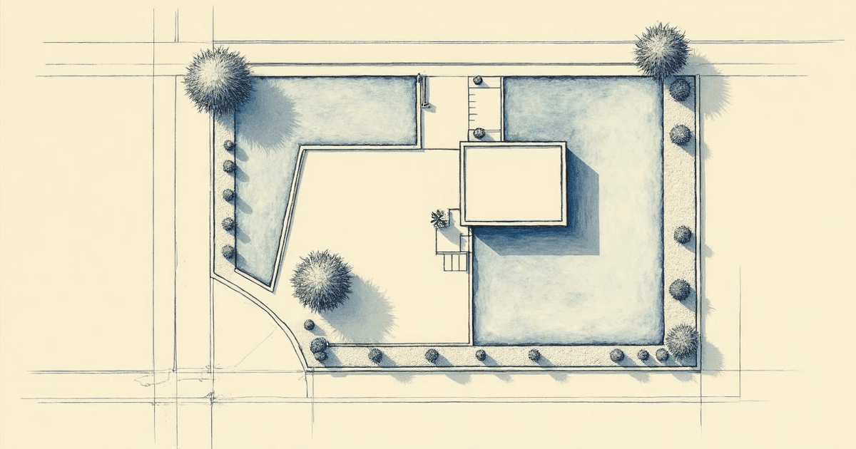 Top-down site plan of a residential corner lot showing a fence line along the property boundary, the house footprint, plantings, and street edge