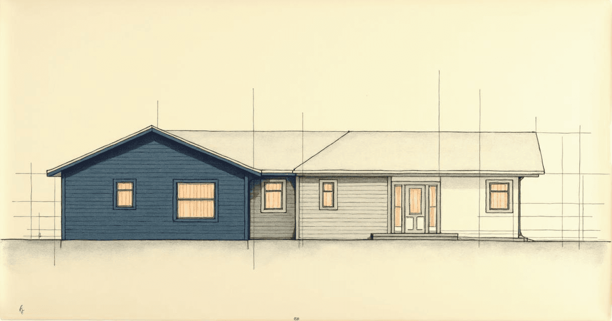 Wide architectural elevation of a house fading from fully rendered construction into unfinished linework