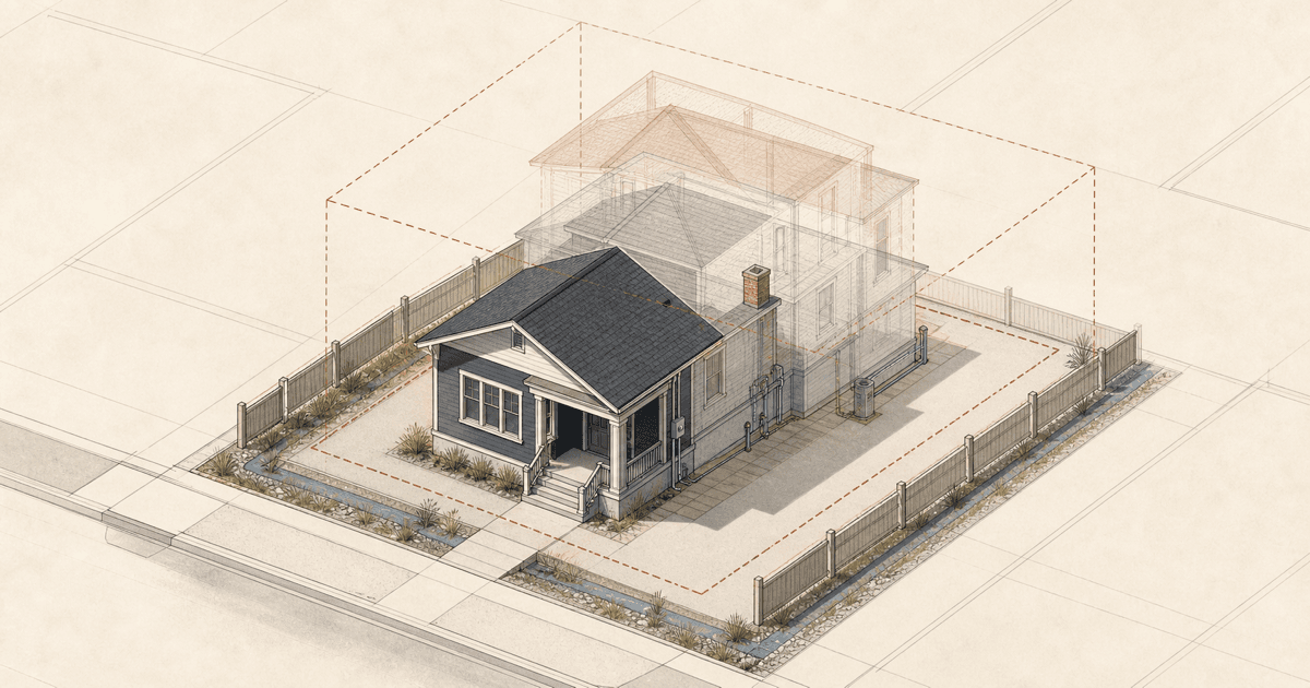 Axonometric drawing of a small house on a residential lot with transparent removal stages, utility disconnect points, site protection, and a buildable-envelope outline