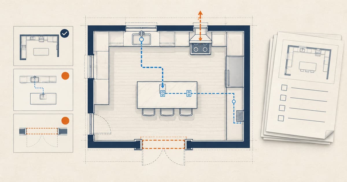 Kitchen remodel permit decision plan showing island plumbing, electrical circuits, ventilation, and a proposed wall opening