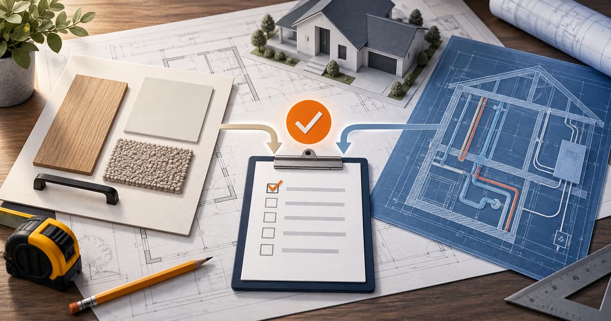 Homeowner project plans comparing cosmetic finish samples with structural, electrical, and plumbing work at a permit-review checkpoint