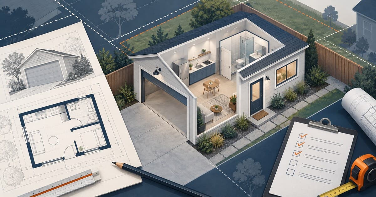 Isometric garage conversion plan showing a compact dwelling layout, parcel context, reviewed drawings, and inspection checklist